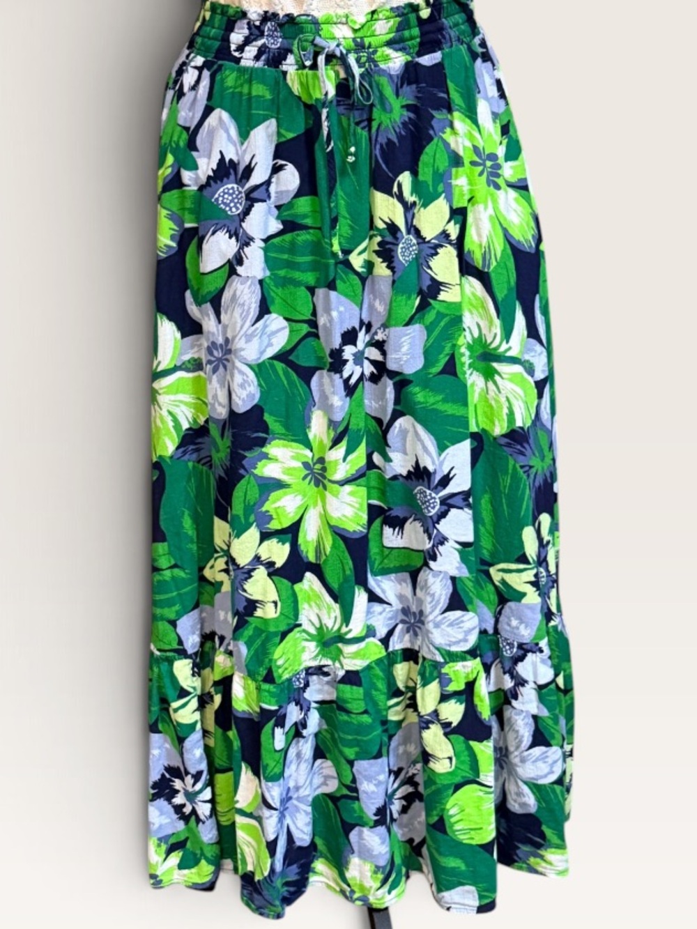 aerie Navy and Green Floral Tiered Maxi Skirt